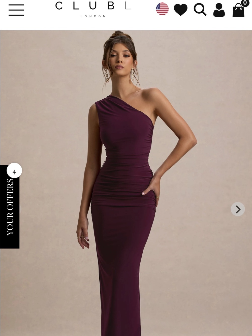 Club L London One-Shoulder Ruched Evening Gown in Plum